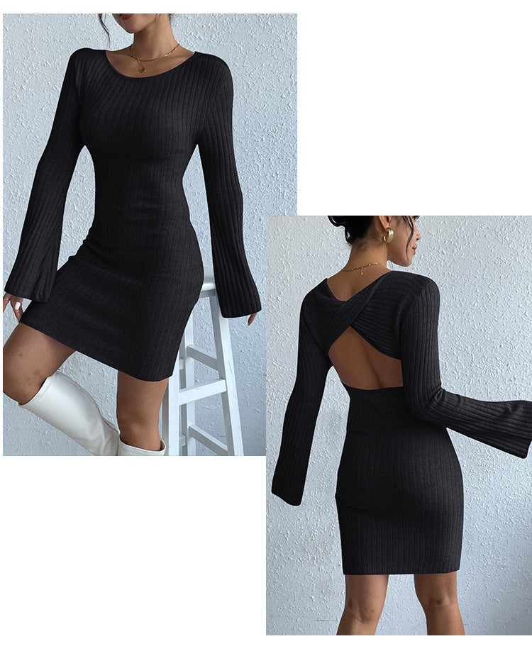 GR | Long-sleeved trumpet sleeve open back knit dress 