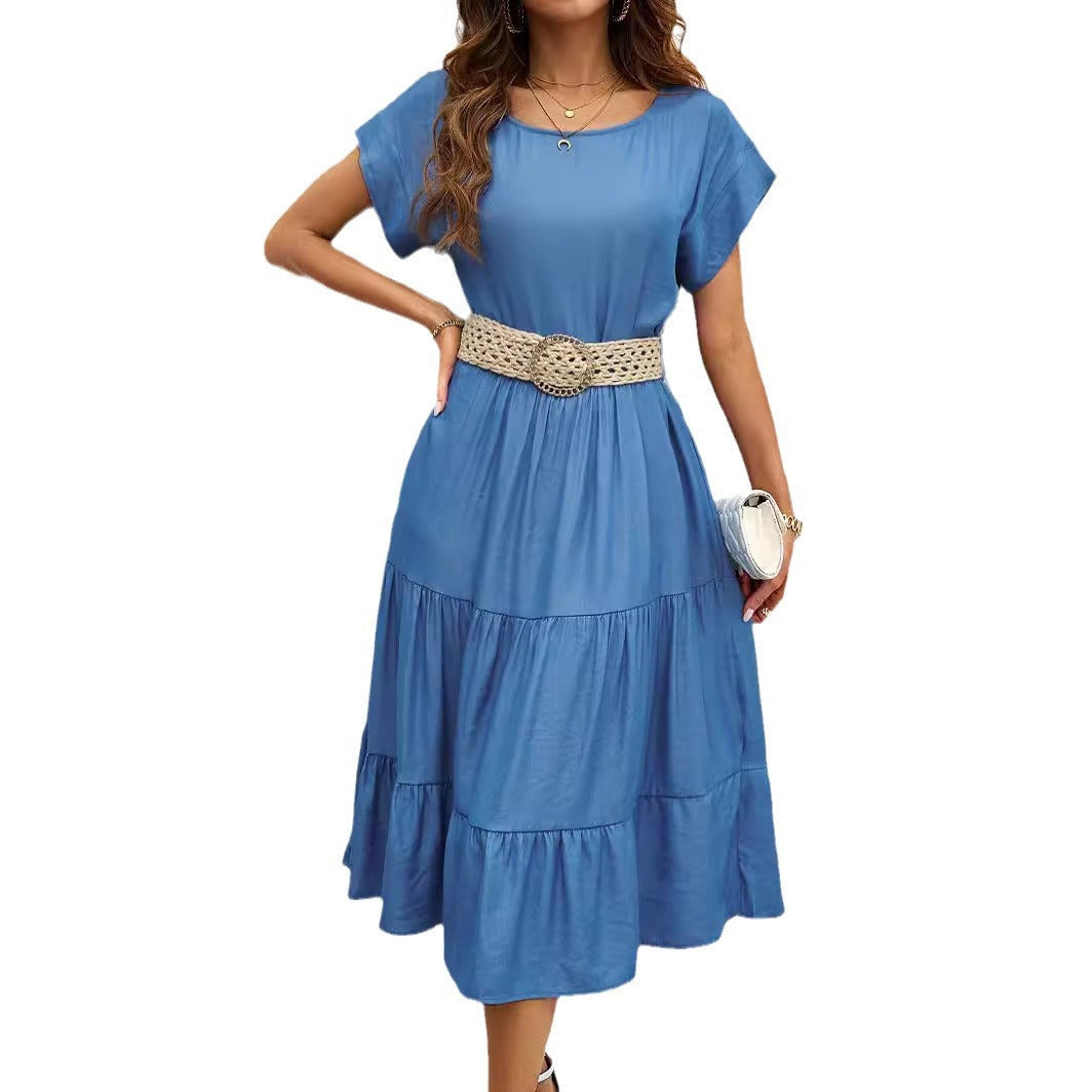 Women's casual midi dress with elegant flounce and adjustable belt, size S