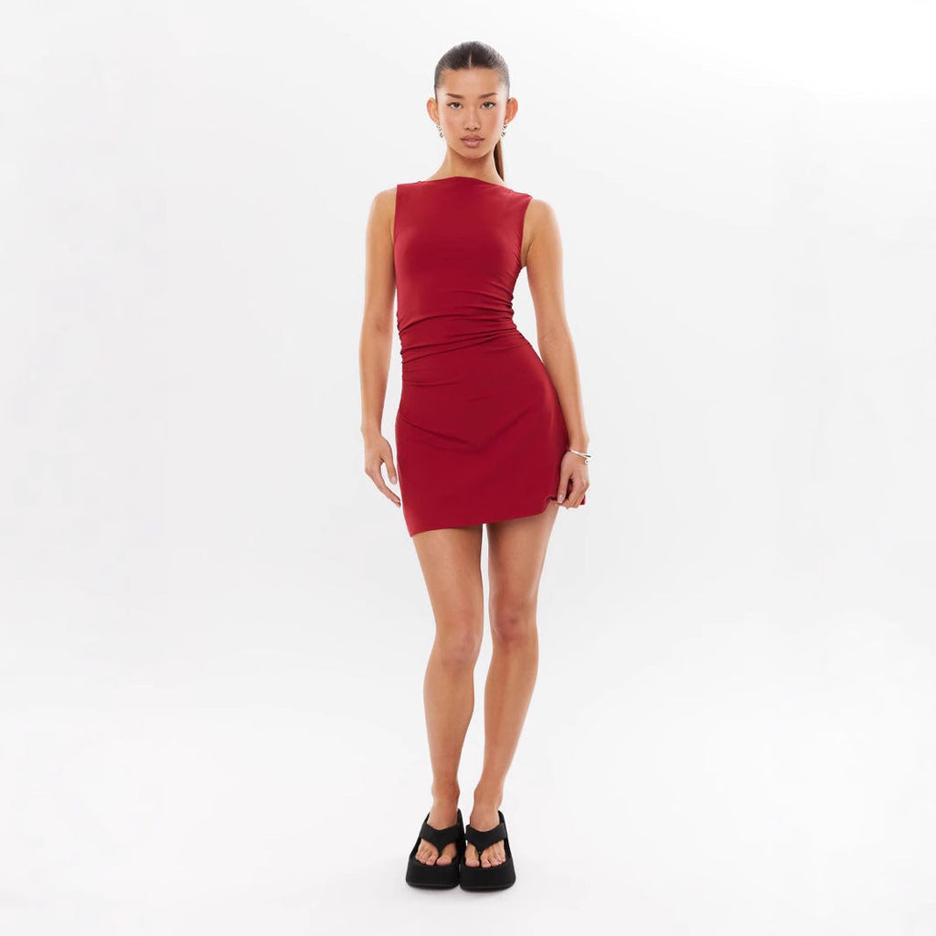 Women's sleeveless mini dress with elegant ruching, size