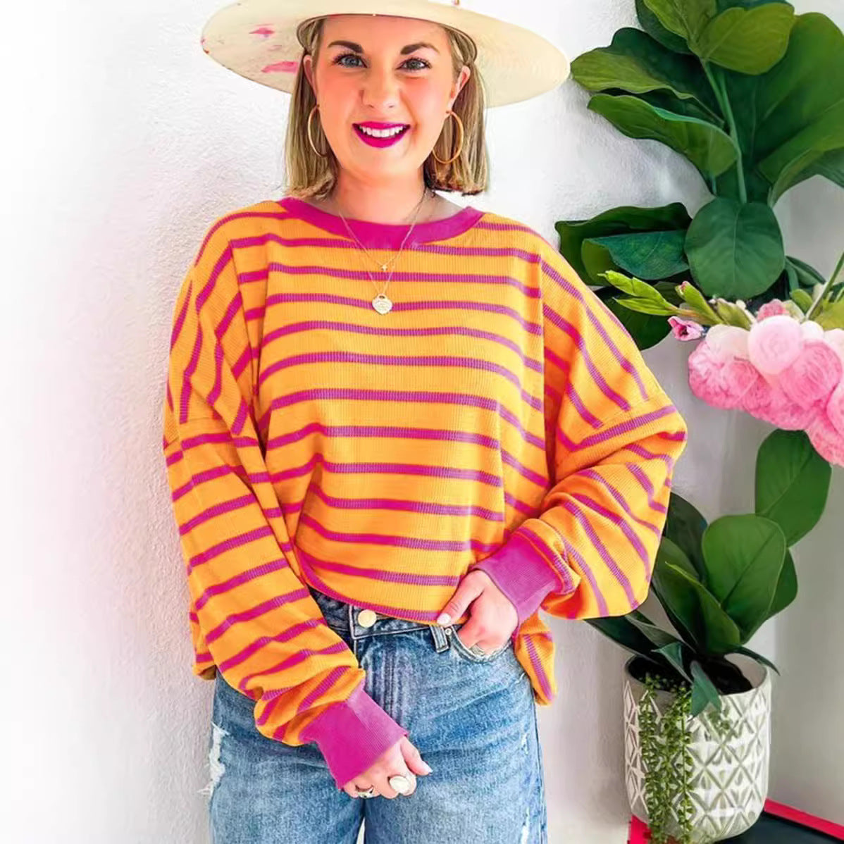 Damen lässiger und bequemer Pullover mit strukturiertem Rippenmuster und weitem Schnitt GR