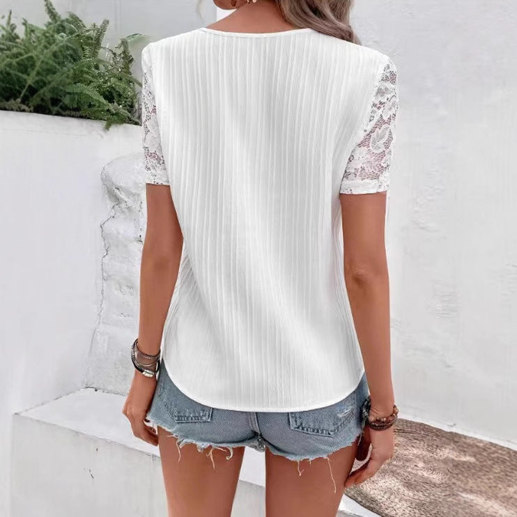 Damen Bluse mit Spitzenbesatz und dekorativen Knöpfen GR