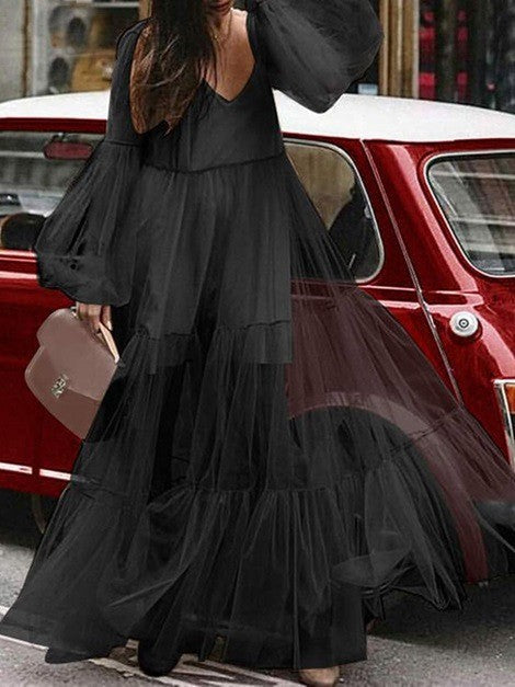 GR | Puff Sleeve Tulle Sheer Long Skirt Dress