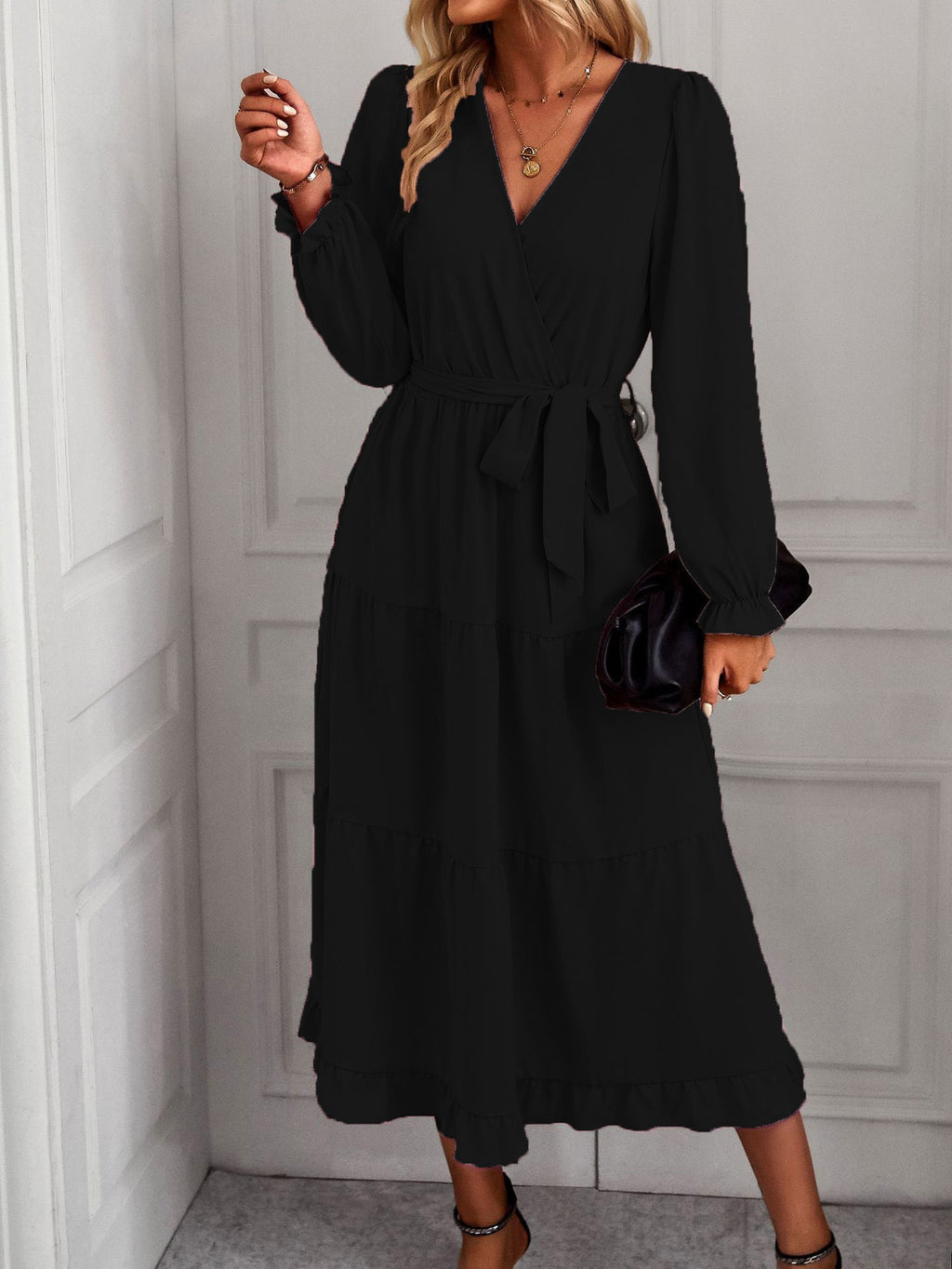 Women's wrap dress with ruffle details and elegant puff sleeves, size [size missing]
