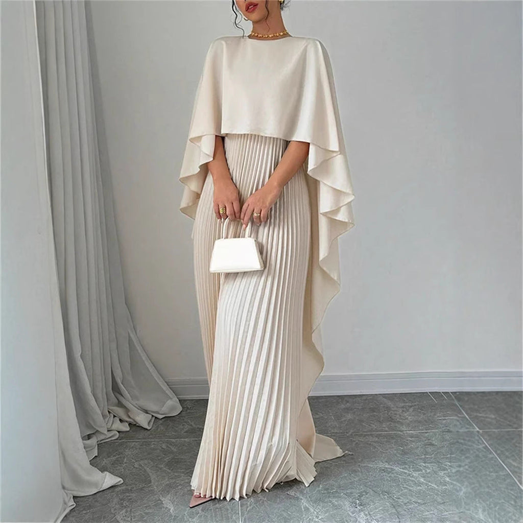 GR | Elegantes Langes Kleid Batwing Ärmel Faltendes Asymmetrisches Design Fließende Passform