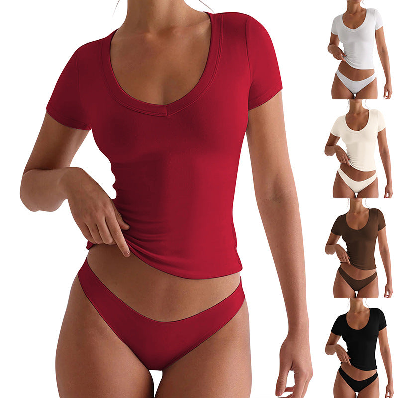 Damen figurbetontes V-Neck T-Shirt mit kurzen Ärmeln GR