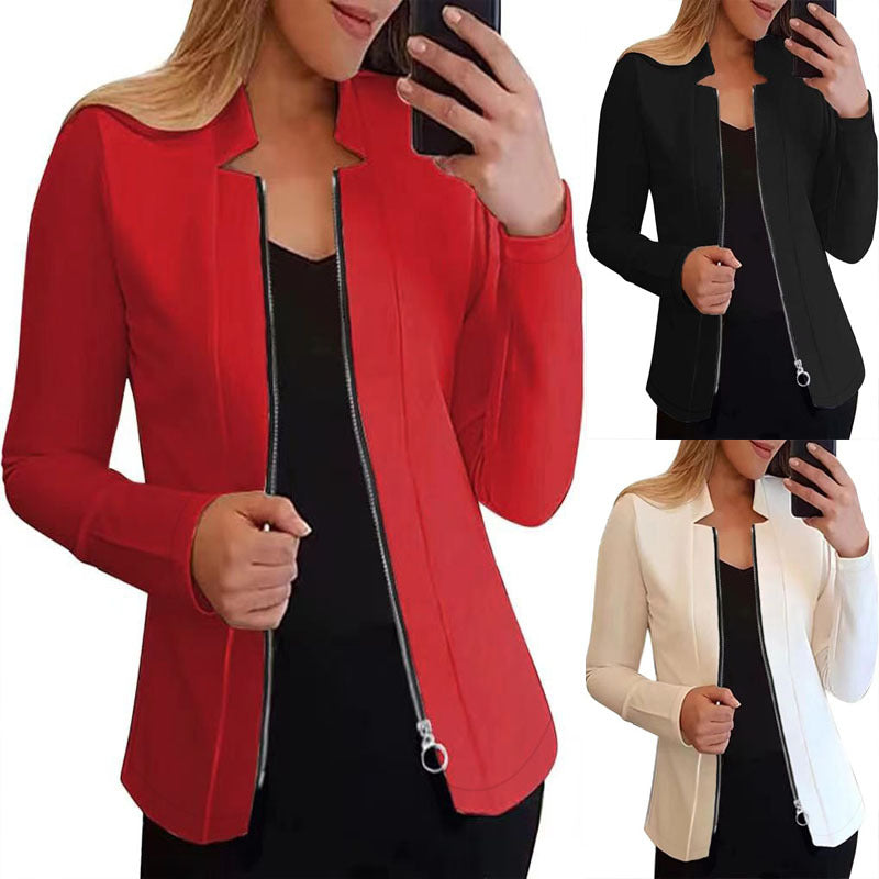 Women's fashionable and elegant biker jacket with a figure-hugging cut and high collar, size [size missing]