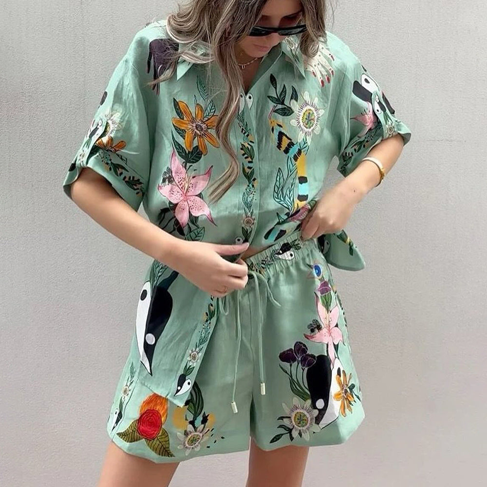 GR | Summer Print Shirt Shorts Loose Casual Two-Piece Set