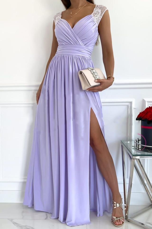 Women's evening dress with elegant V-neck and ruffle details, size