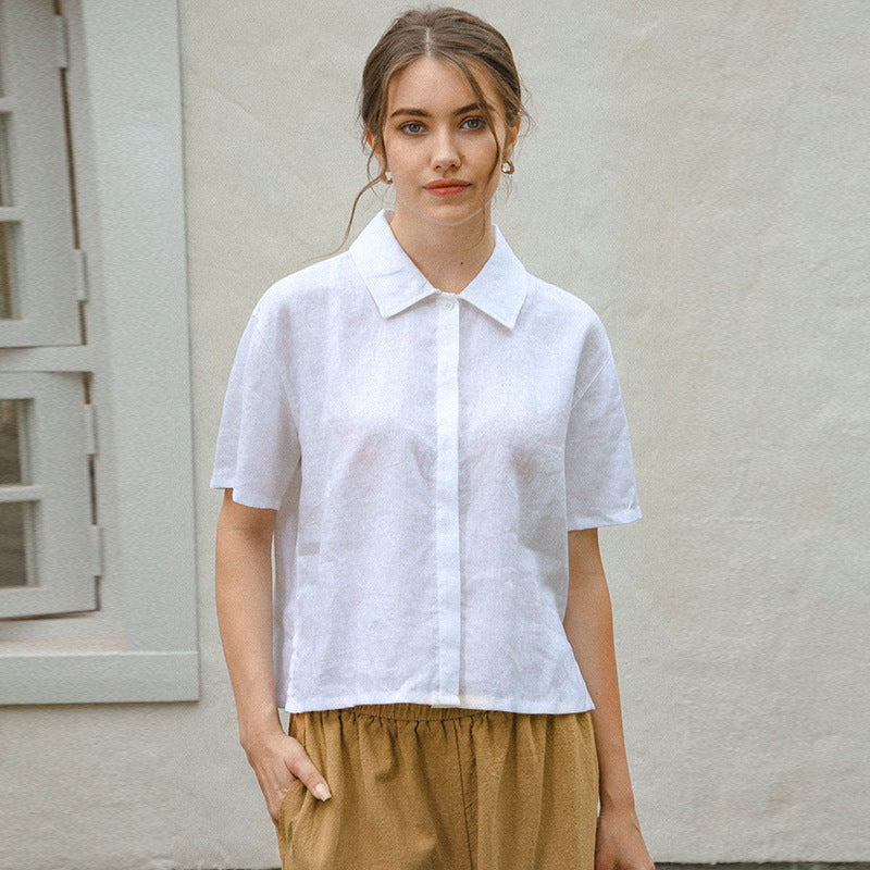 Damen Kurzärmlige Leinenbluse mit klassischem Kragen und lässigem Schnitt GR