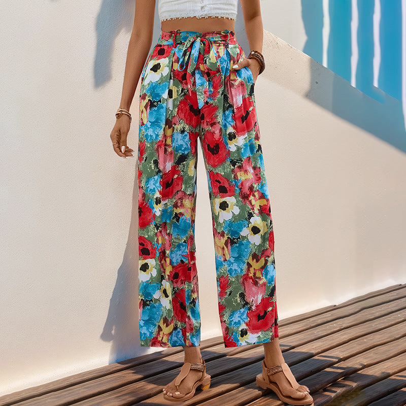 Damen weite Sommerhose mit buntem Blumenmuster und elastischem Bund GR