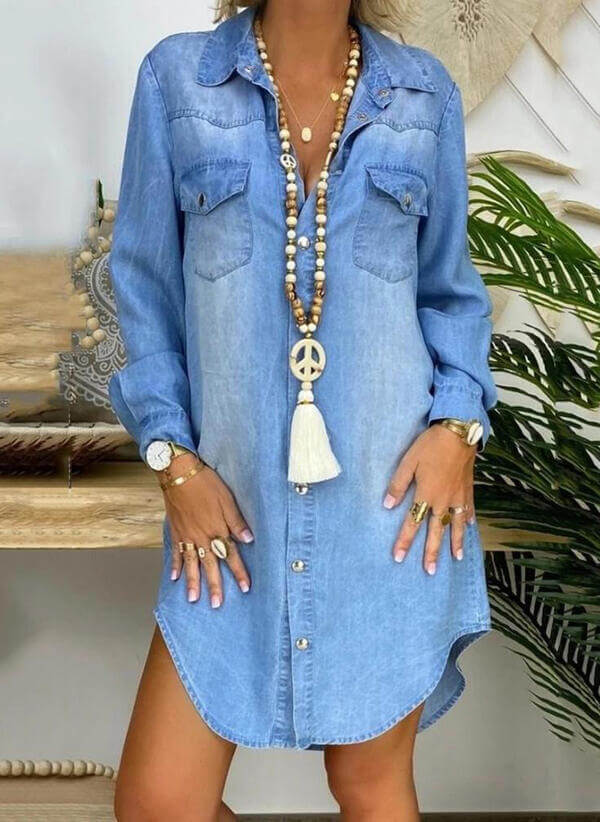 GR | Loose-fitting, long-sleeved, solid-color denim shirt dress