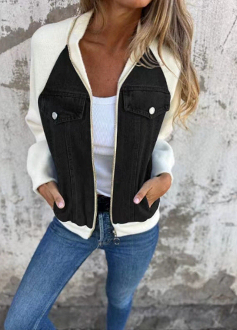 Women's denim jacket with contrasting sleeves and practical pockets, size S