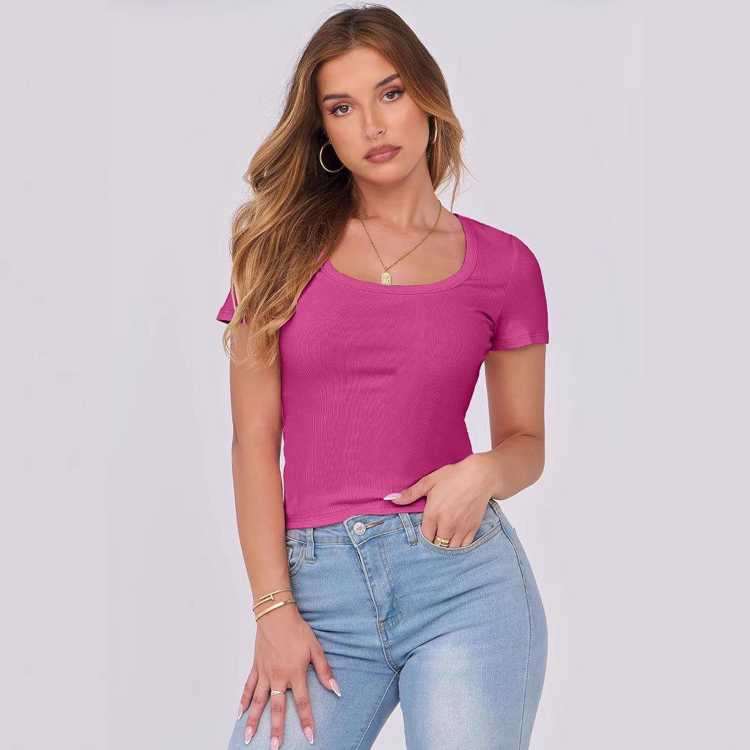 Women's fitted top with a wide square neckline and short sleeves, size S