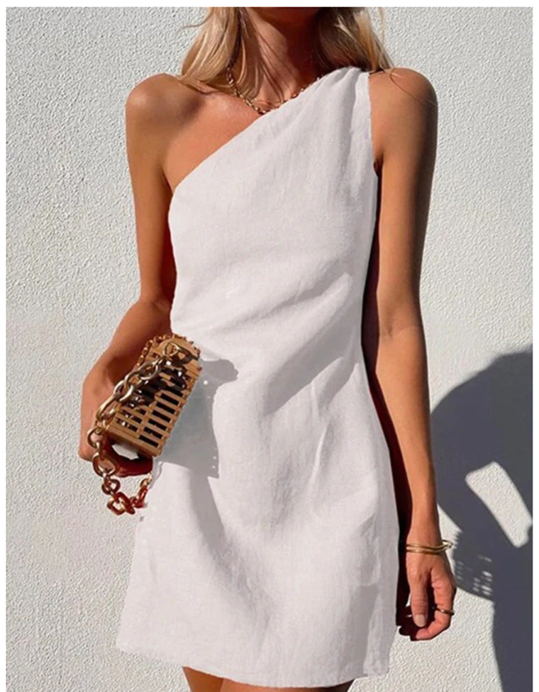 GR | Einfarbiges Slim Fit One-Shoulder Pendelkleid