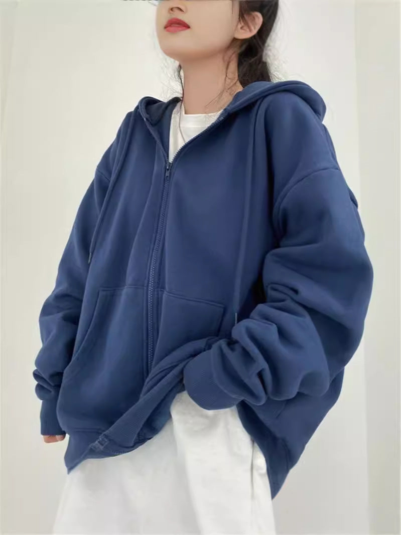 GR Zip-up Oversized Solid Pocket Hooded Long Sleeve Loose Baseball Jacket