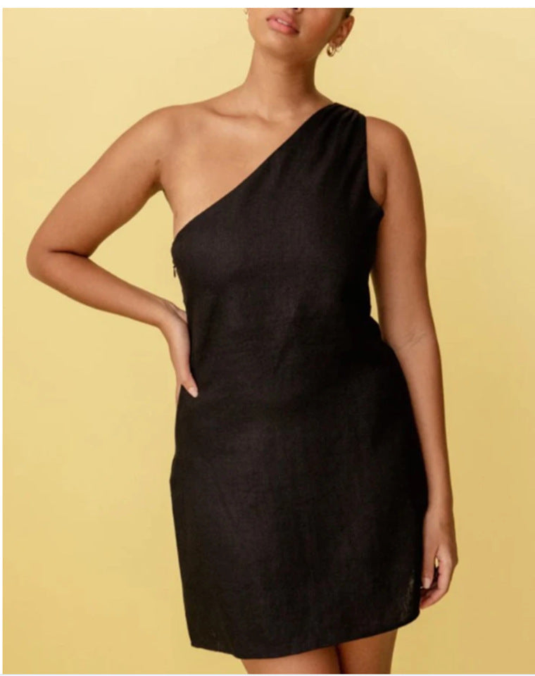 GR | Einfarbiges Slim Fit One-Shoulder Pendelkleid