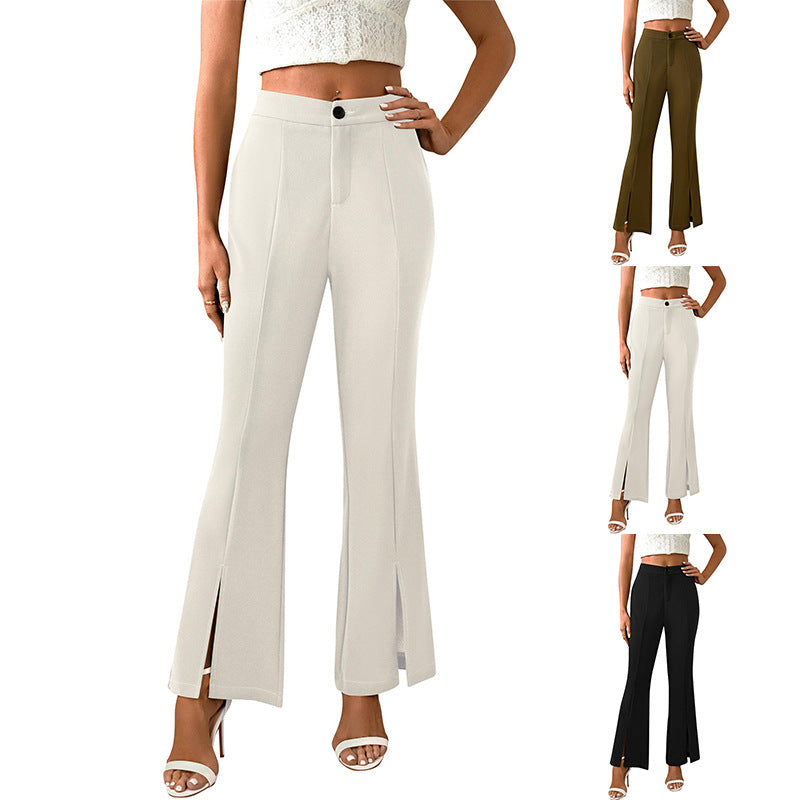 Women's elegant flared trousers with side slits and high waist, size