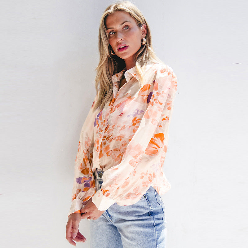 Damen luftiges Blusenshirt mit floralem Design und voluminösen Ärmeln GR