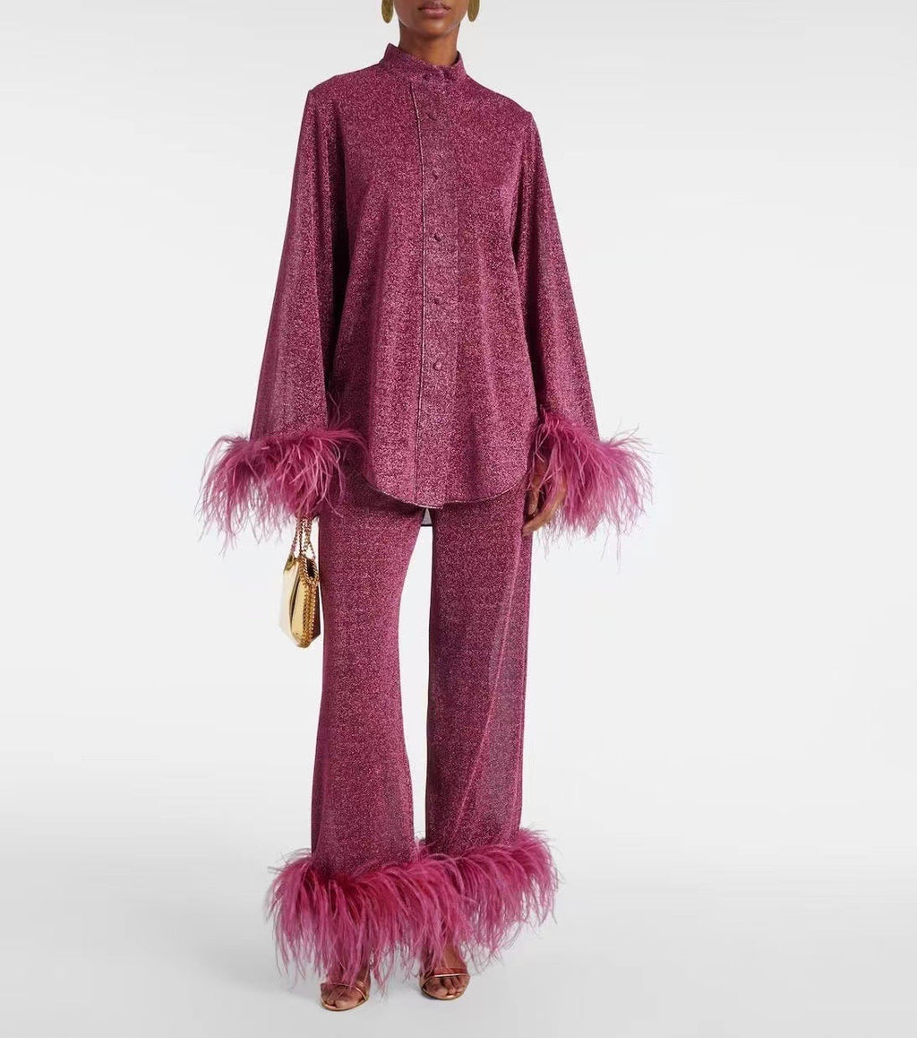 GR | Autumn Winter Feather Stand-up Collar Long Sleeve Top and Trousers Set 