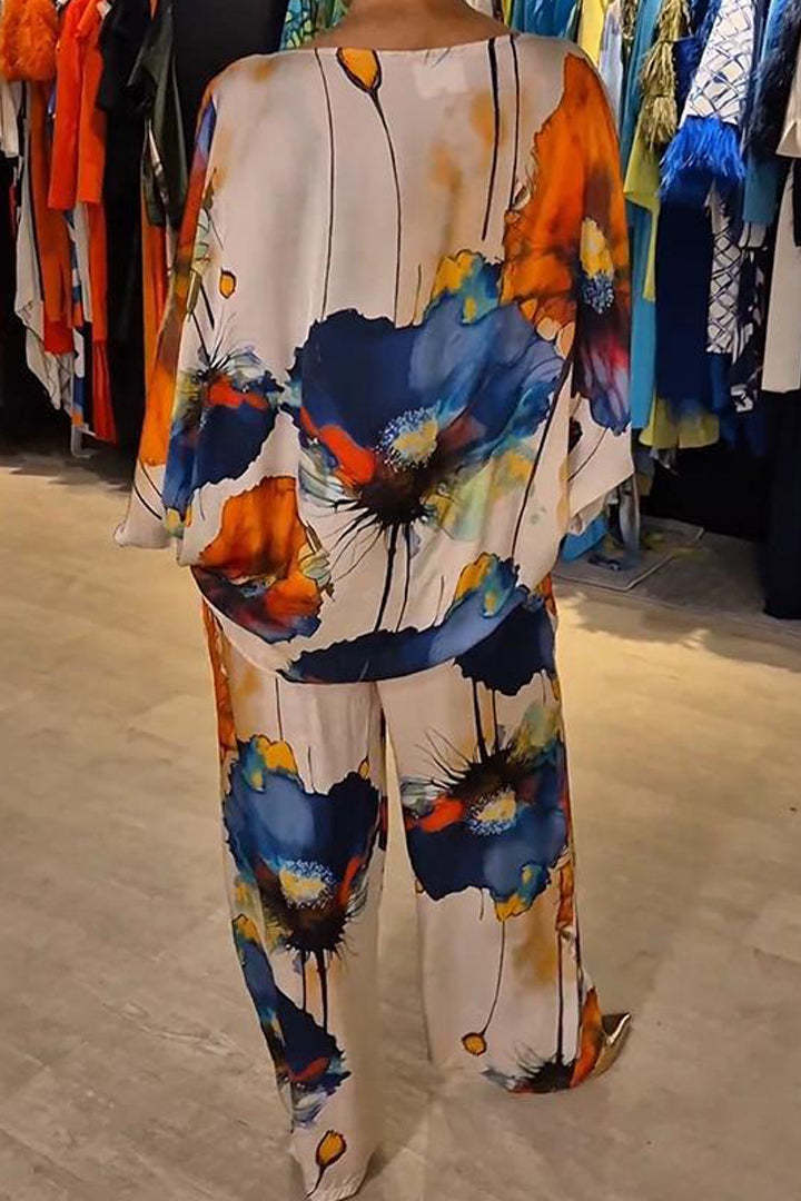 GR | Elegant satin one-shoulder printed loose set 