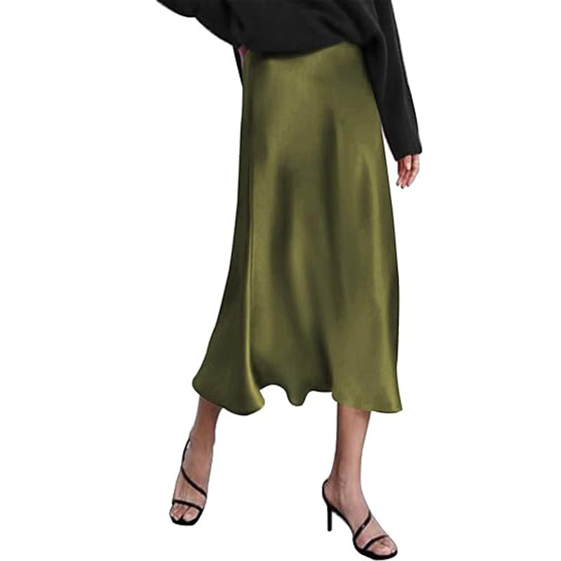 Women's elegant midi skirt in satin viscose with a flowing drape, size GR