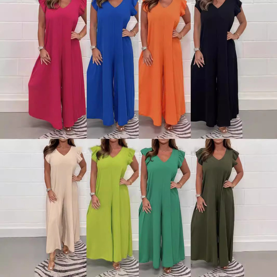 Women's upscale jumpsuit with voluminous ruffled sleeves and V-neck, size S