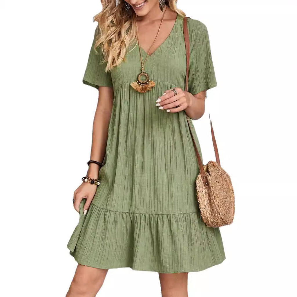 Women's casual dress with voluminous hem and V-neck, size