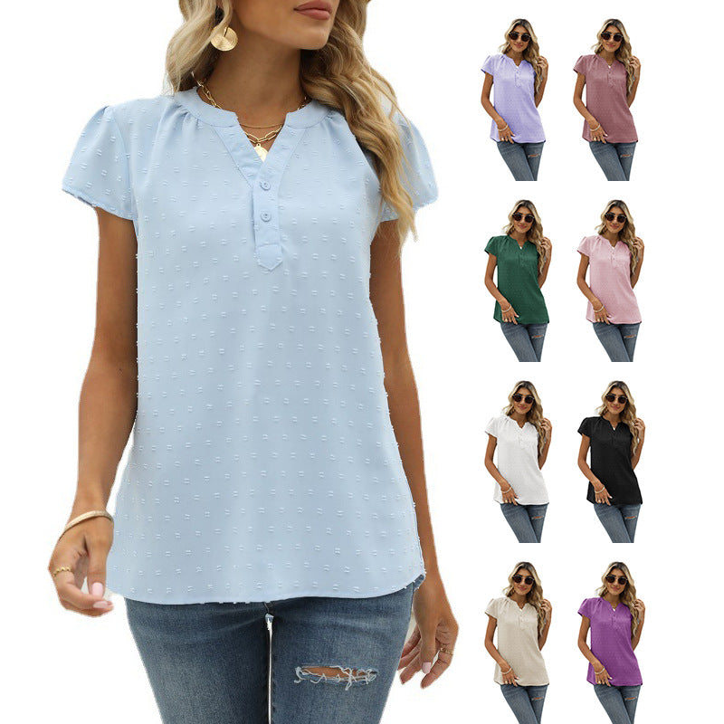 GR | Jacquard Chiffon Loose V-Neck Short Sleeve Top