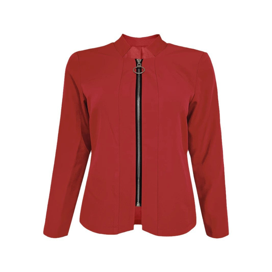 Women's fashionable and elegant biker jacket with a figure-hugging cut and high collar, size [size missing]