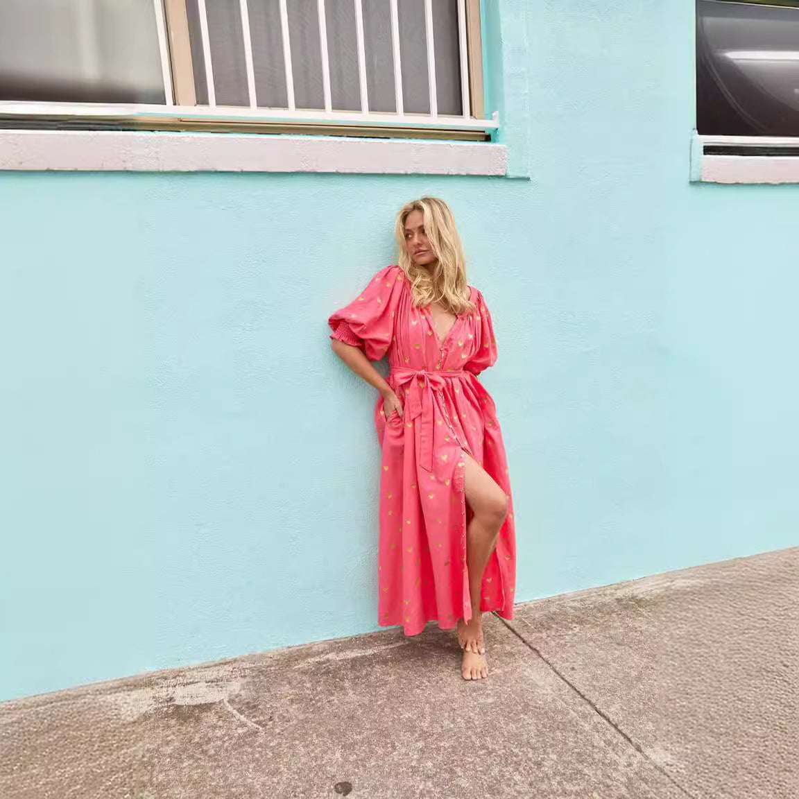 Damen Sommerkleid mit Puffärmeln und goldenen Details GR