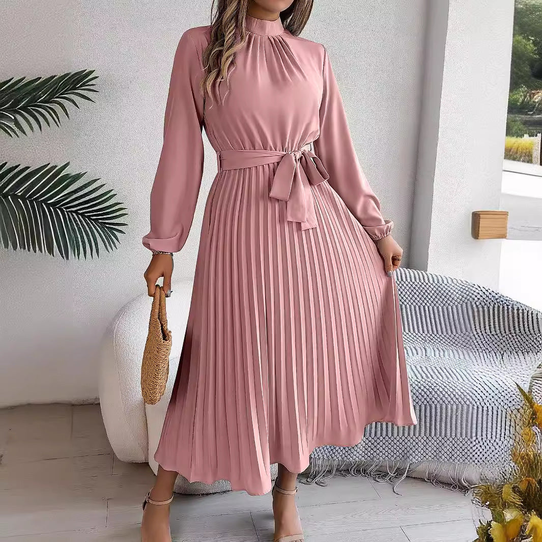 GR | Elegante Stehkragen Taillierter Plissierter Langer Rock kleines Kleid