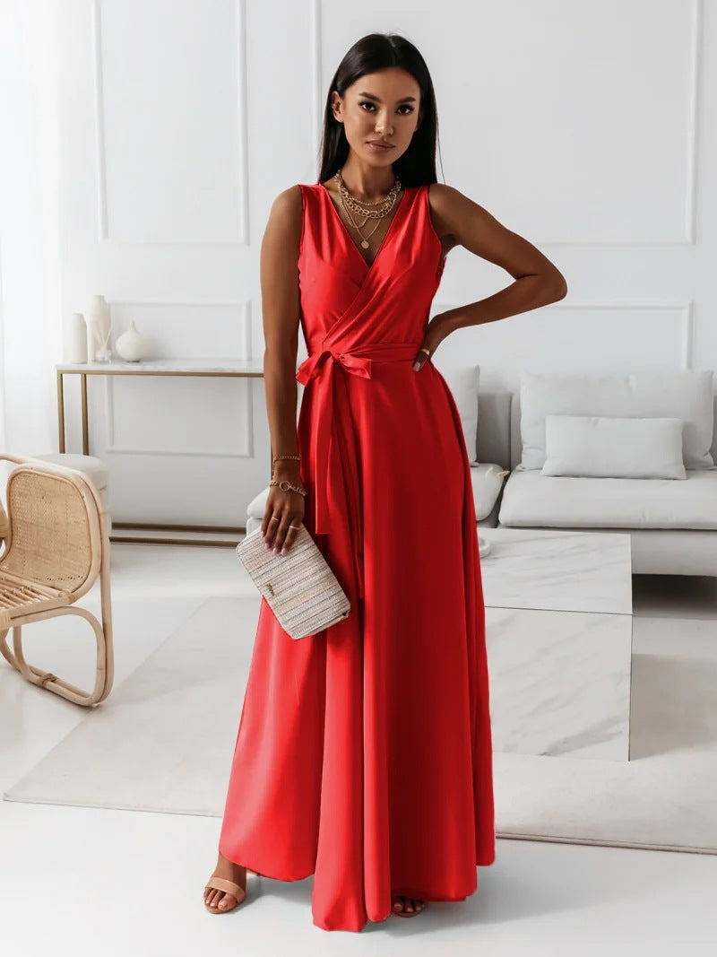 GR - Women's solid color V-neck long dress