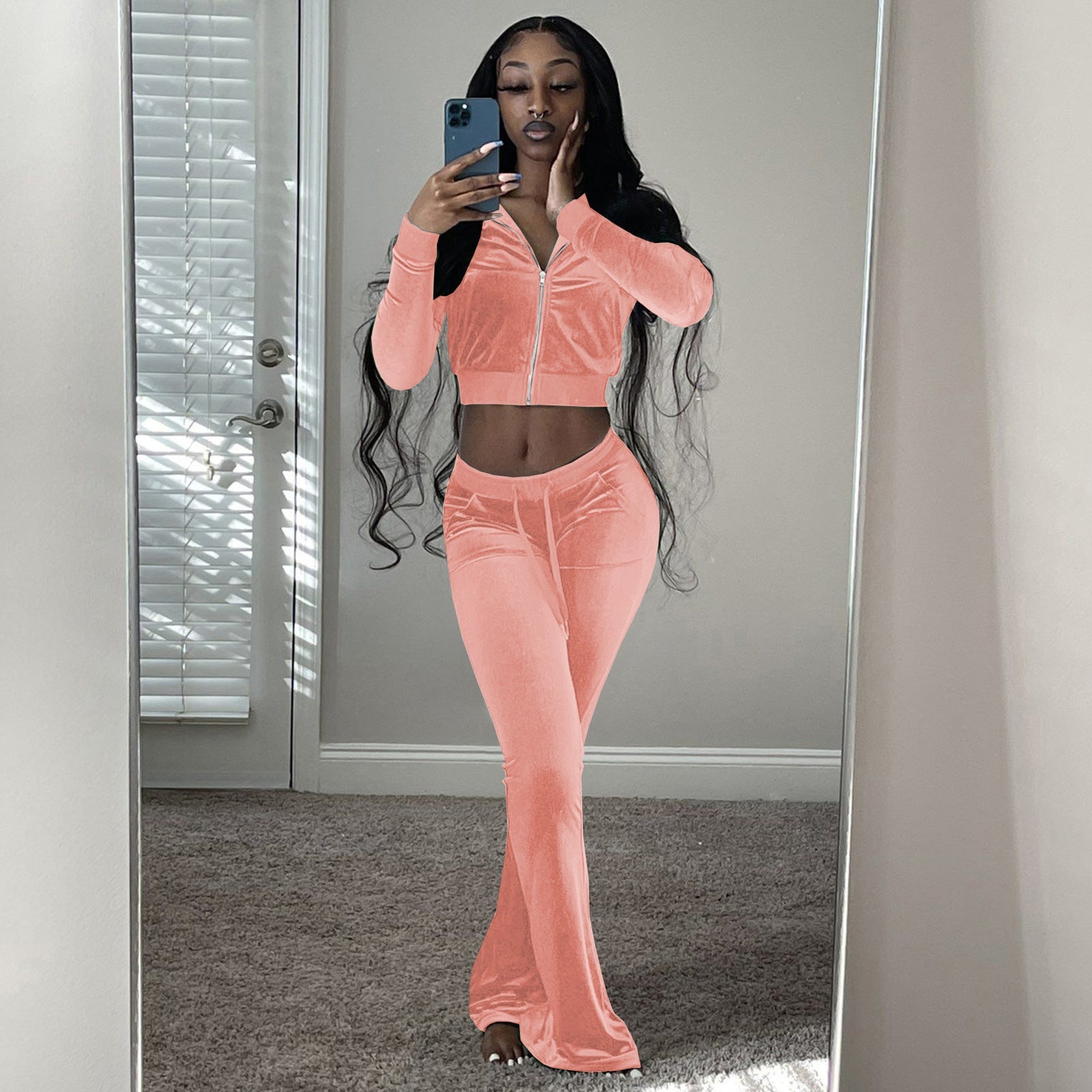 Damen Velours Tracksuit mit Zip-Front und weit geschnittener Hose GR