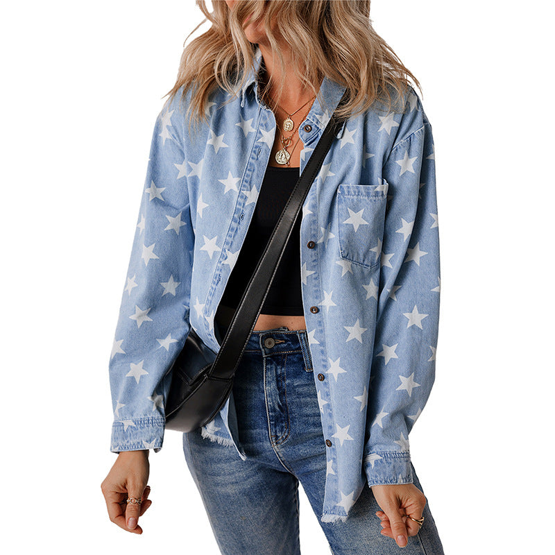 Women's denim shirt with star pattern and practical chest pocket, size