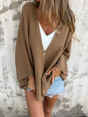 Women's casual kimono with deep V-neck and wide sleeves, size [size missing]