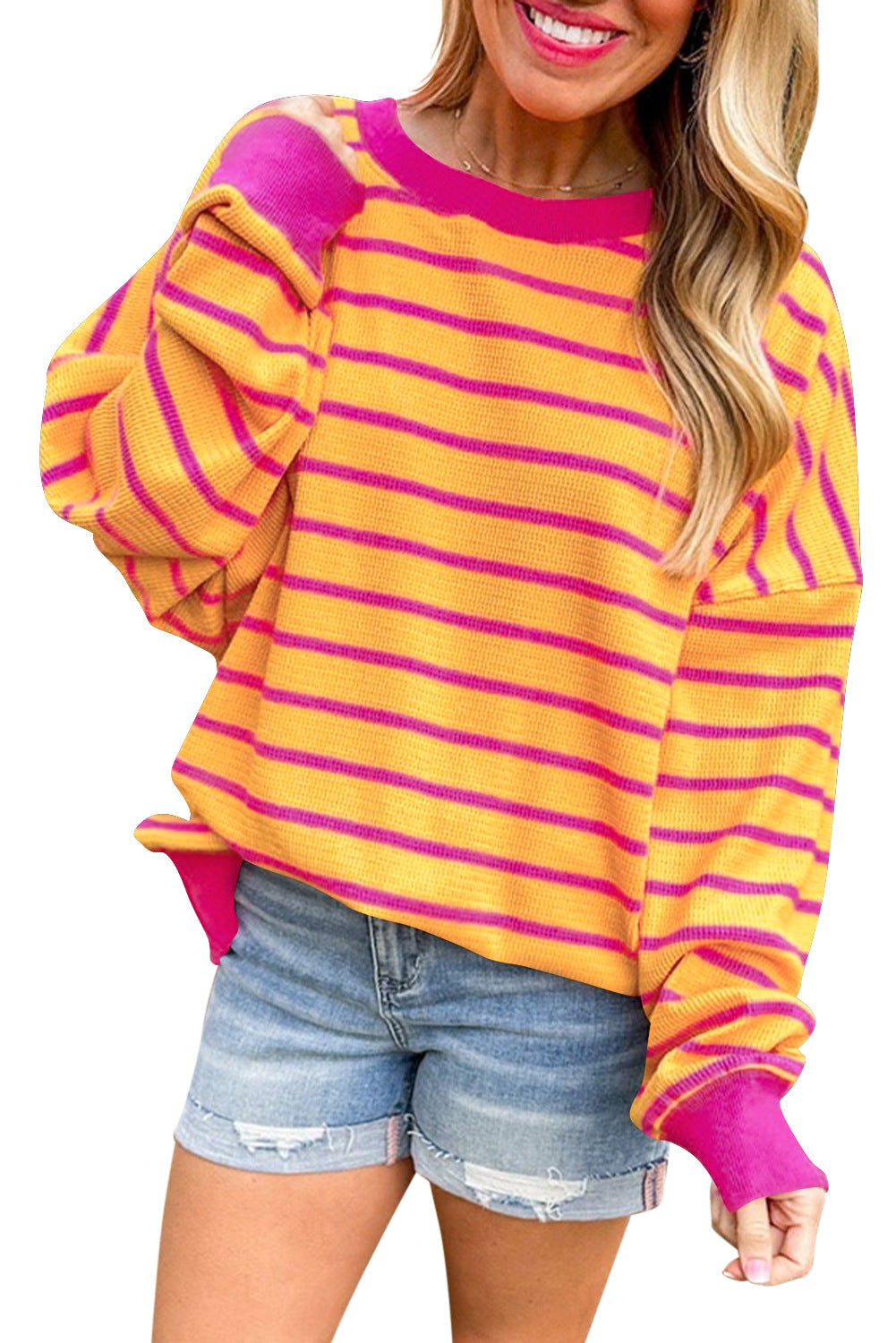 Damen lässiger und bequemer Pullover mit strukturiertem Rippenmuster und weitem Schnitt GR