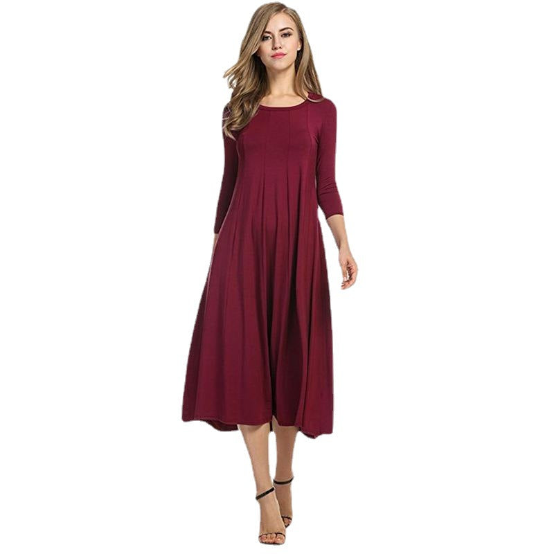 GR | Quadrat-Ausschnitt 3/4-Lange Uni-Farbe Midi-Kleid