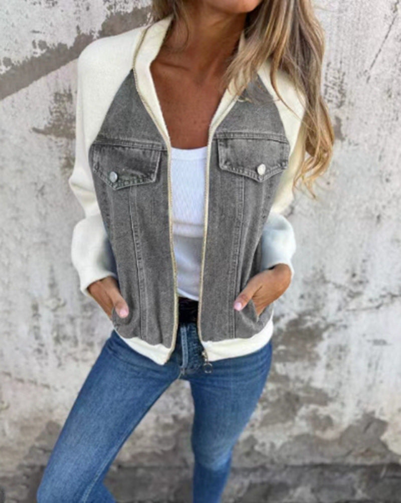 Women's denim jacket with contrasting sleeves and practical pockets, size S