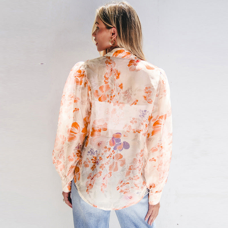Damen luftiges Blusenshirt mit floralem Design und voluminösen Ärmeln GR