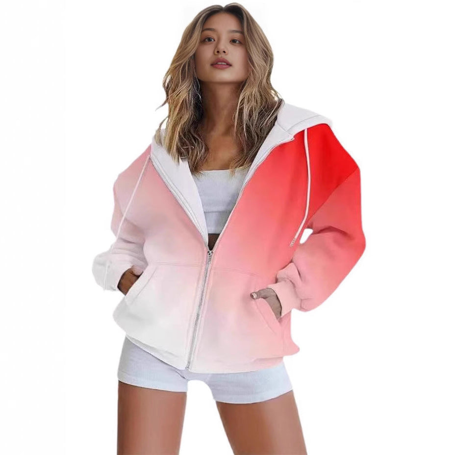 Women's oversized hooded jacket with color gradient and practical pockets, size