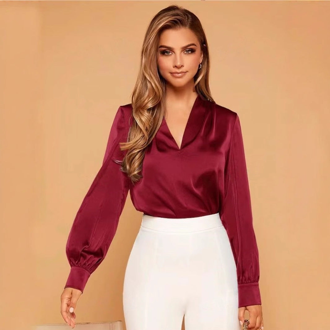 GR | V-Ausschnitt Langarm Satin Bluse