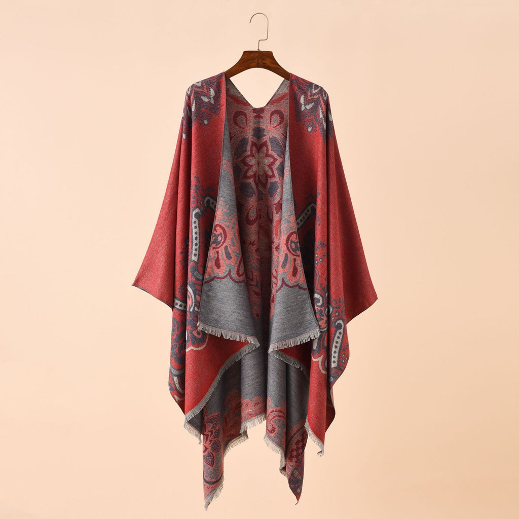 Women's Elegant Kimono Poncho with Artful Pattern and Fringed Edges GR