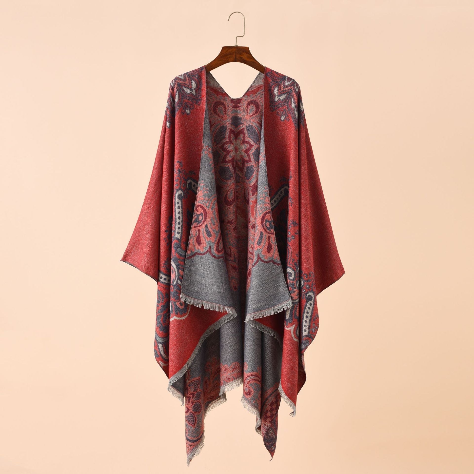 Women's Elegant Kimono Poncho with Artful Pattern and Fringed Edges GR