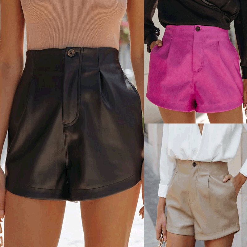 Damen High-Waist Shorts aus weichem Kunstleder mit Bundfalten GR