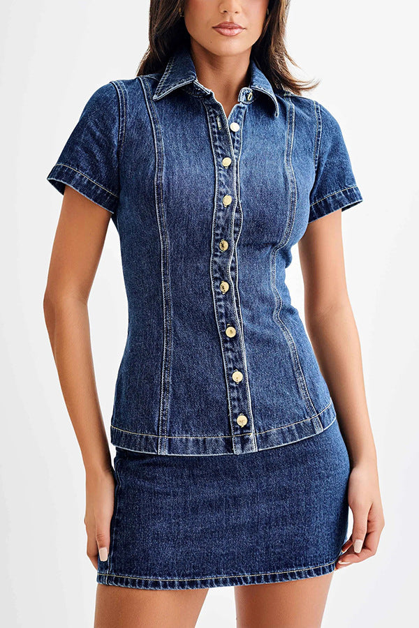 Damen Jeanskleid mit knöpfbarem Kragen und eng anliegendem Rock GR