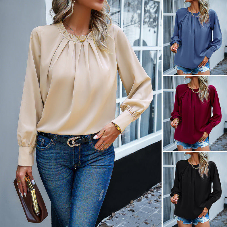 Damen Bluse mit eleganten Falten und dekorativem Rundhalsausschnitt GR