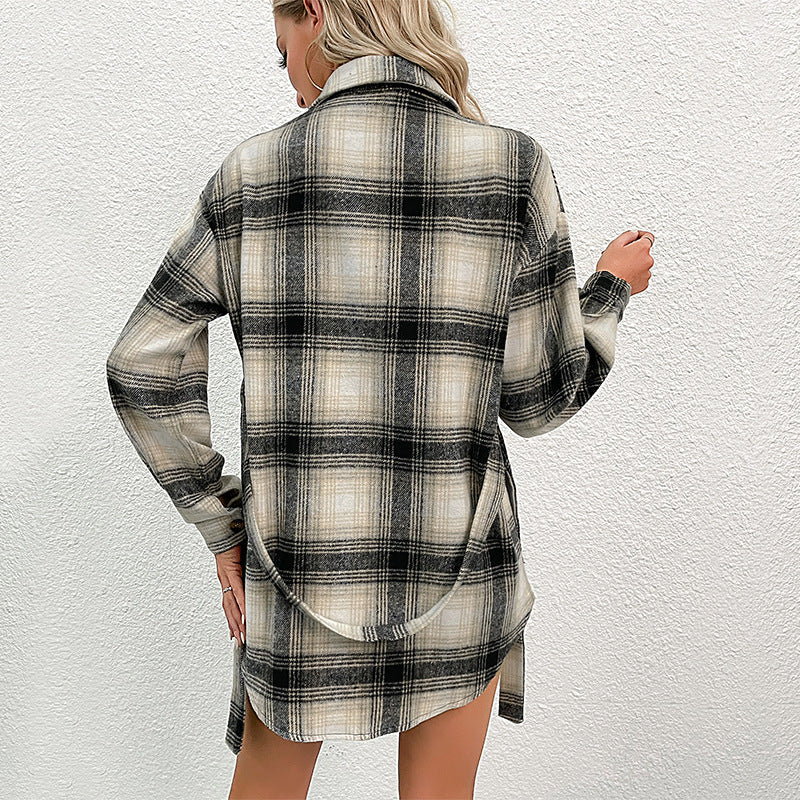 Damen lässige Overshirt-Jacke im Karo-Design mit knöpfbarer Front GR