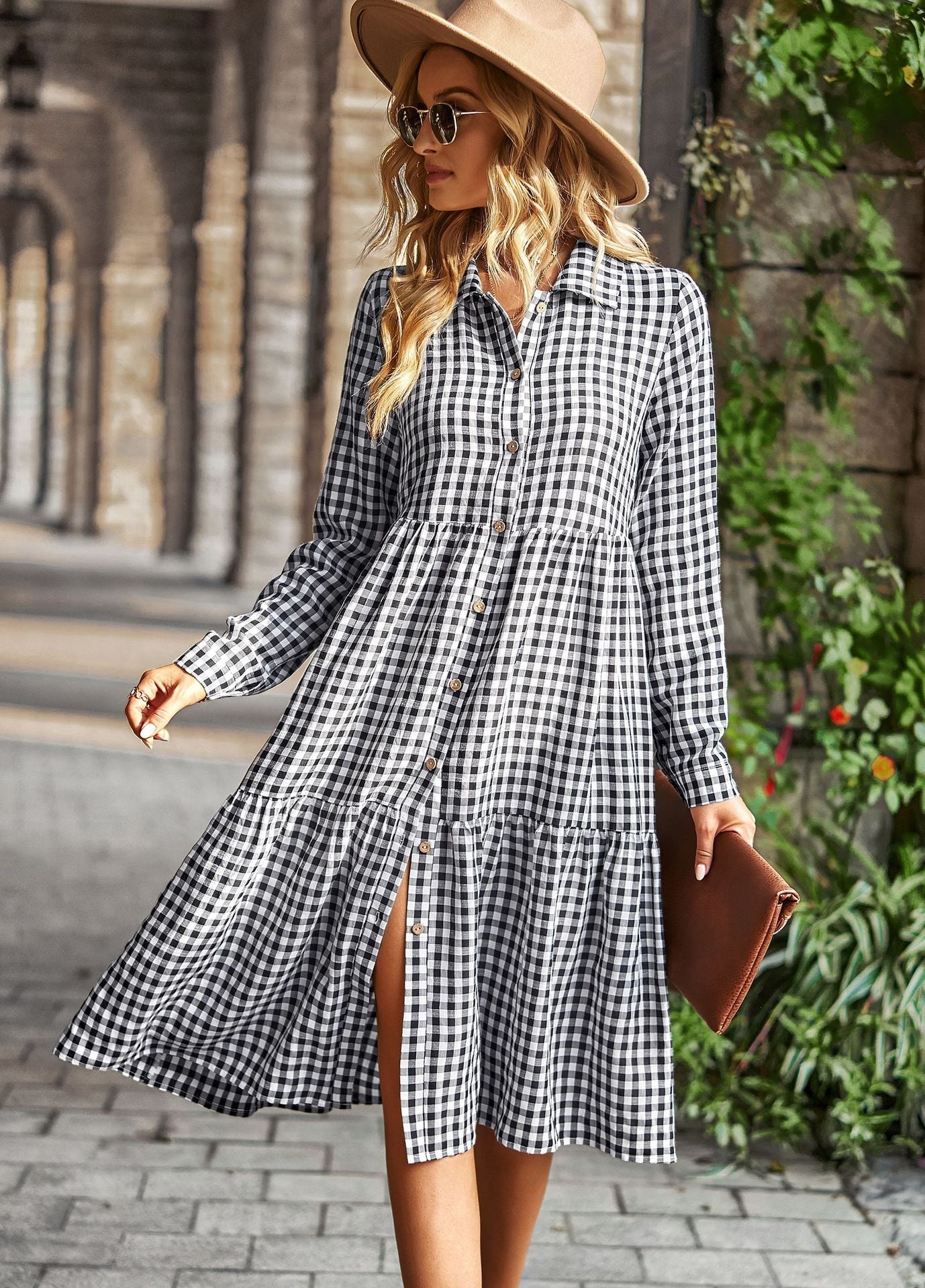 Women's checked midi blouse with button placket and flared skirt, size GR
