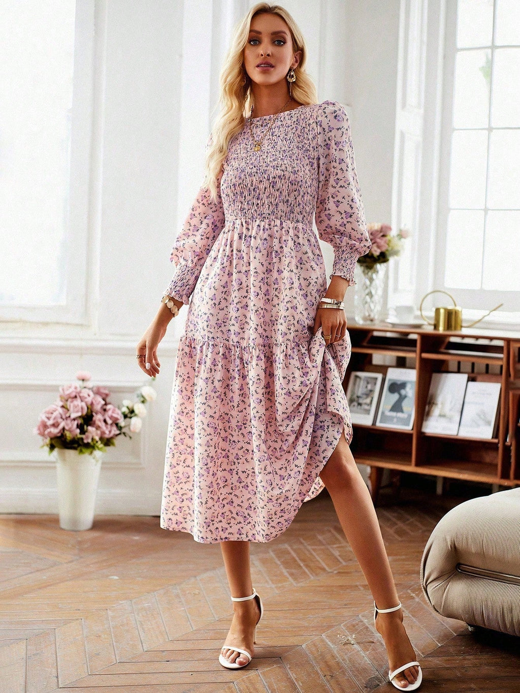 Damen florales Midi-Kleid mit geraffter Taille und langen Ärmeln GR