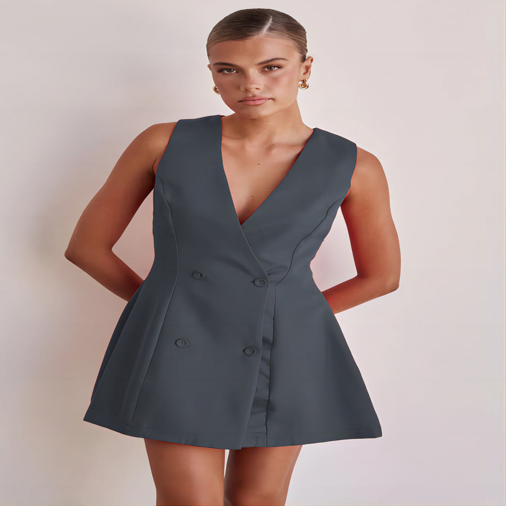 Damen Blusenkleid mit tiefem V-Ausschnitt und doppelter Knopfleiste GR